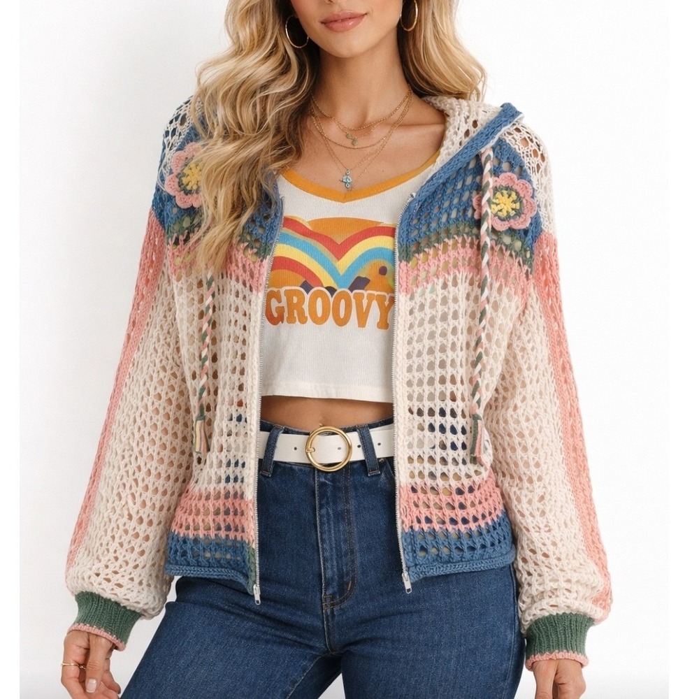 Mello Womens Crochet Knit Zip Up Hoodie Sweater Cream Blue Pink Floral S